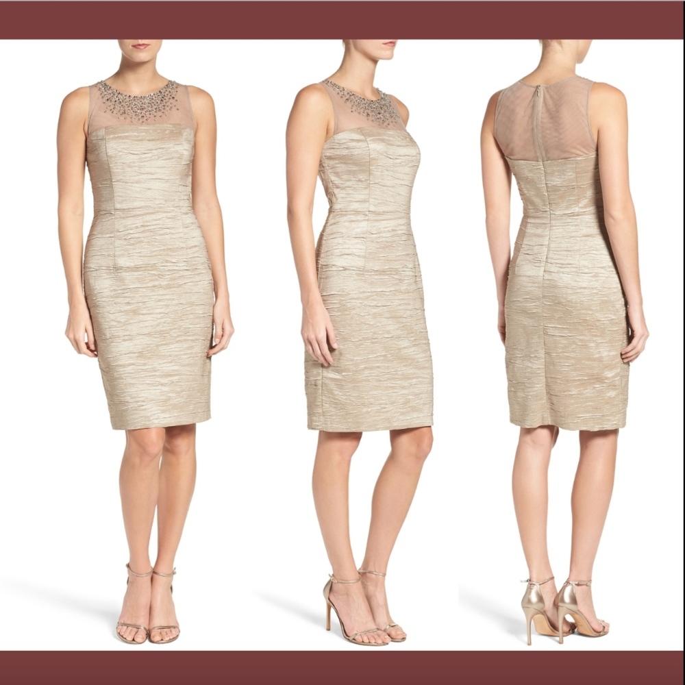 NWT $168 Eliza J Embellished Illusion Metallic Sheath Dress Taupe [SZ 10 ] #E599